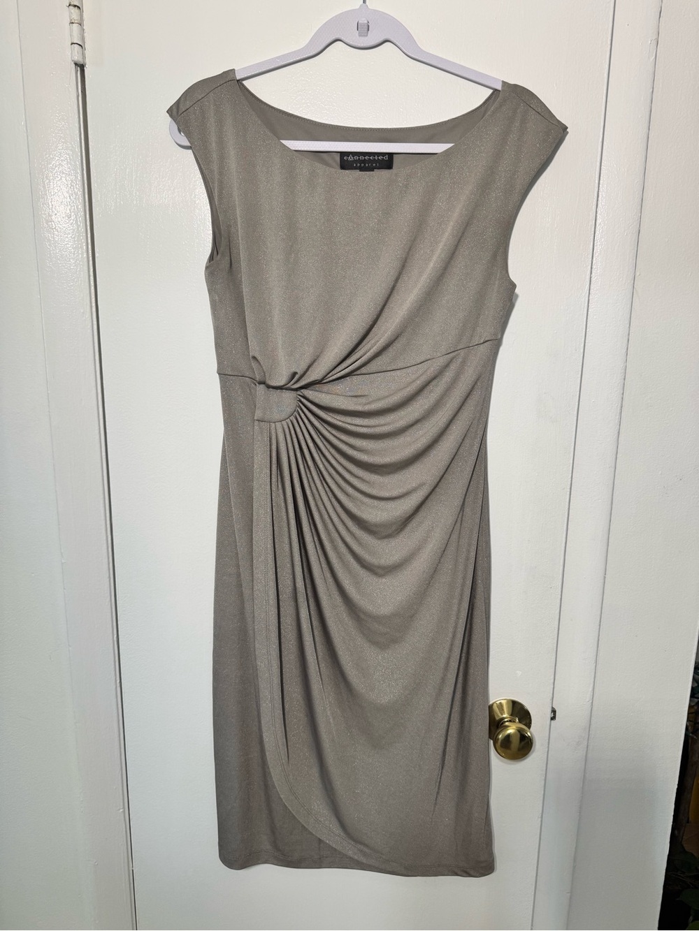 connected apparel Taupe Midi Sheath Dress with Draped Knot Detail